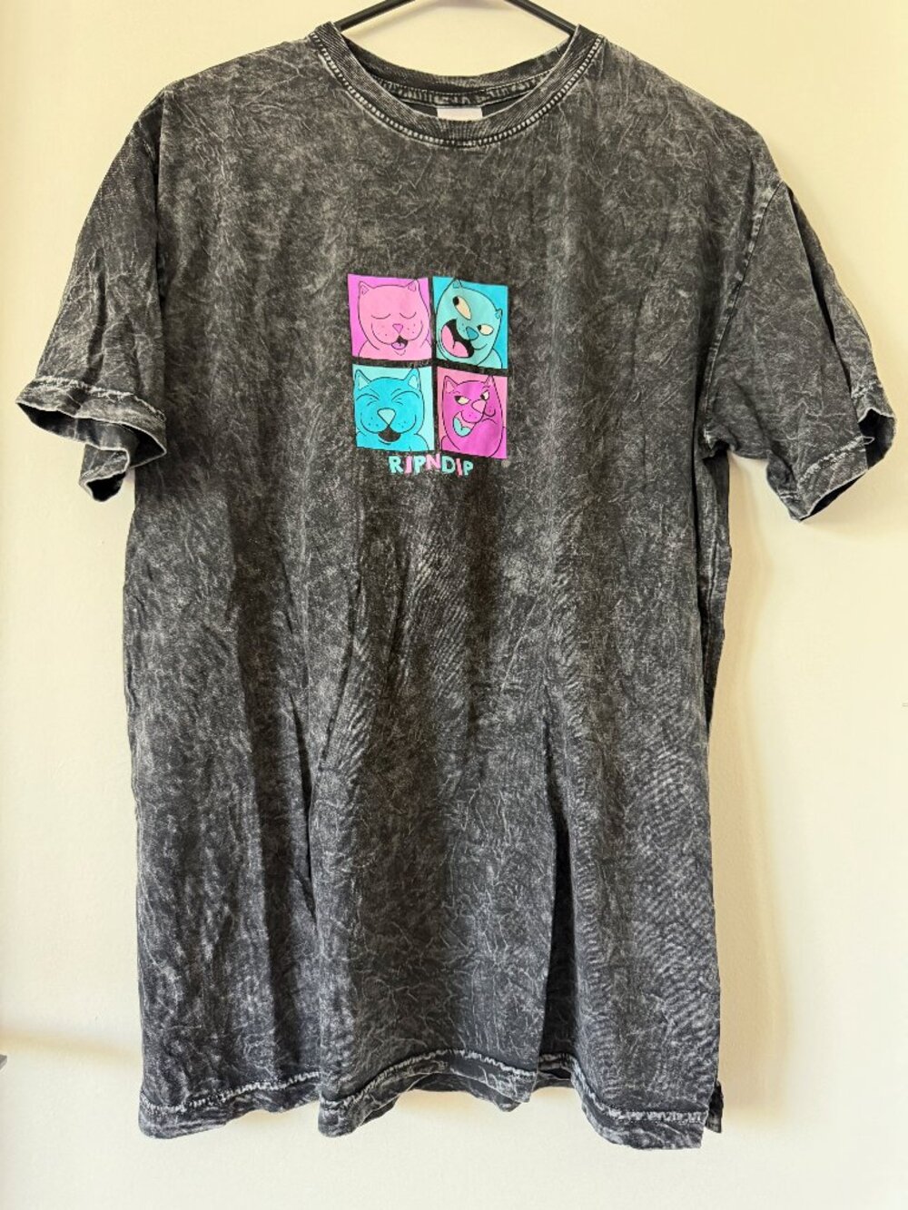 RIPNDIP Acid Wash Graphic T Shirt Large Black Cat Tee Streetwear